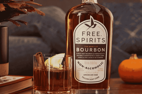 A bottle of Free Spirits Non-Alcoholic Bourbon
