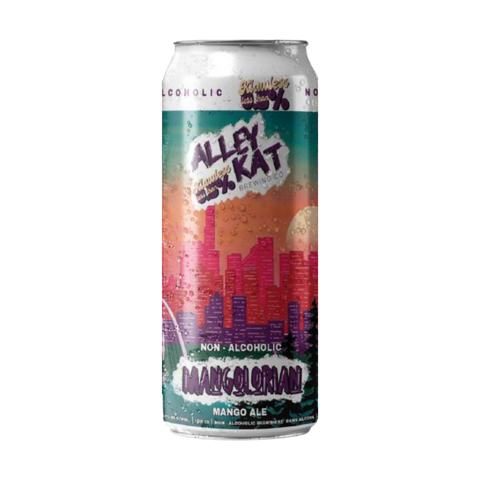 A can of Alley Kat Mangolorian Mango Ale with a colorful design, predominantly featuring pink and purple hues, with text indicating it is a non-alcoholic beer.