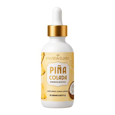 A bottle of Pina Colada non-alcoholic mushroom cocktail by Ananda Elixirs