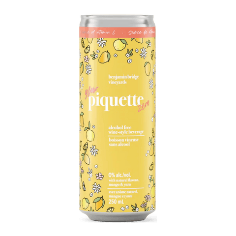A can of Benjamin Bridge Piquette Zero Glow with lemon and flower illustrations