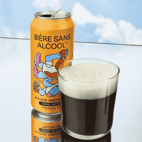 A can of Biere Sans Alcool non-alcoholic red ale poured into a glass