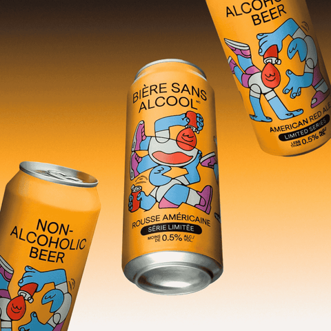 A displayed can of Biere Sans Alcool non-alcoholic red ale