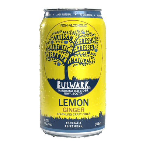 A bright yellow can with blue highlights. A non-alcoholic cider with lemon ginger flavouring from Bulwark craft ciders.