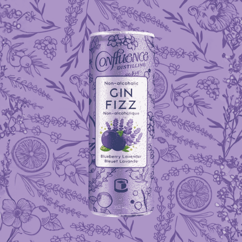 A can of Confluence Distilling Lavender Blueberry Non-Alcoholic Gin Fizz with purple designs