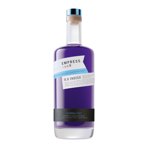 Purple bottle of Empress 1908 O.O. Indigo alcohol-free gin