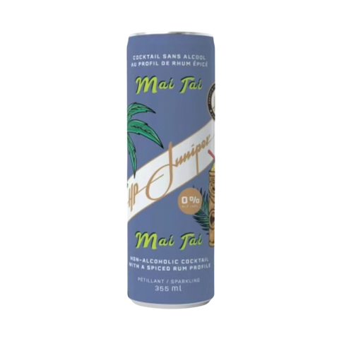 A blue can labeled HP Juniper Mai Tai - non-alcoholic spiced rum cocktail