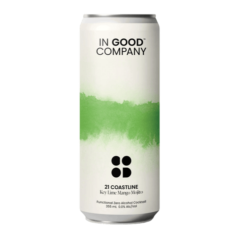 In Good Company 21 Coastline | Key Lime Mango Mojito, alcohol-free cocktail infused with adaptogens and nootropics. Available now in Calgary at Santé Dry Bottle Shop