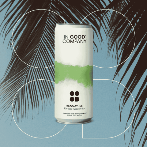 In Good Company 21 Coastline | Key Lime Mango Mojito, alcohol-free cocktail infused with adaptogens and nootropics. Available now in Calgary at Santé Dry Bottle Shop