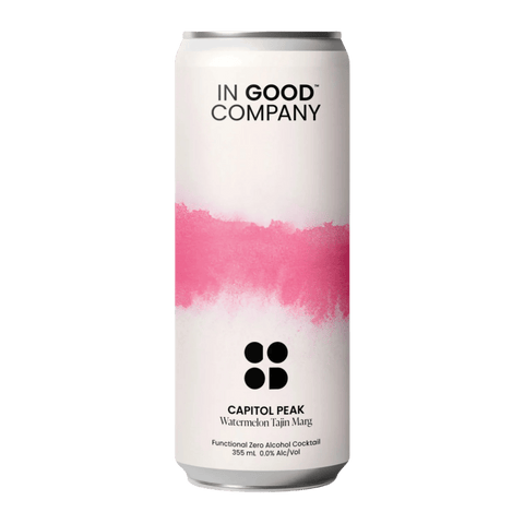 In Good Company Capitol Peak | Watermelon Tajin Margarita, alcohol-free cocktail infused with adaptogens and nootropics. Available now in Calgary at Santé Dry Bottle Shop