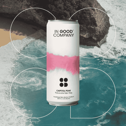 In Good Company Capitol Peak | Watermelon Tajin Margarita, alcohol-free cocktail infused with adaptogens and nootropics. Available now in Calgary at Santé Dry Bottle Shop