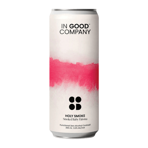 In Good Company Holy Smoke | Smoked Ruby Paloma, alcohol-free cocktail infused with adaptogens and nootropics. Available now in Calgary at Santé Dry Bottle Shop