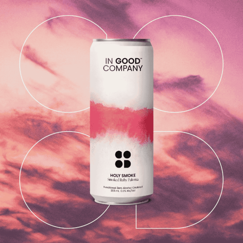 In Good Company Holy Smoke | Smoked Ruby Paloma, alcohol-free cocktail infused with adaptogens and nootropics. Available now in Calgary at Santé Dry Bottle Shop