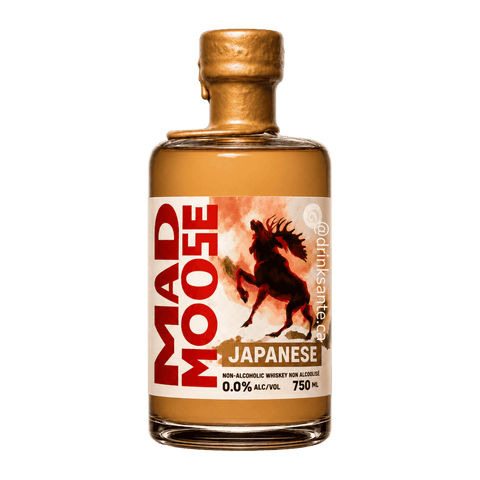 A bottle of Mad Moose non-alcoholic Japanese-Style Whiskey