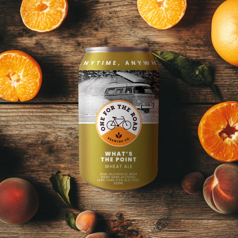 What's The Point Wheat Ale from One for the Road Brewing. Locally made non-alcoholic beer