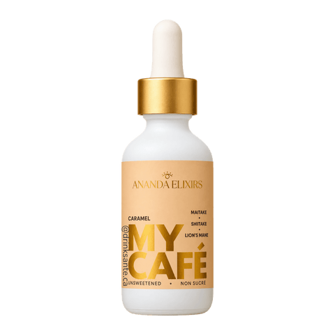 A bottle of MyCafé Caramel mushroom elixirs by Ananda Elixirs