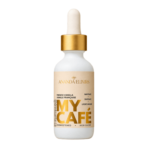 A bottle of MyCafé French Vanilla mushroom elixirs by Ananda Elixirs