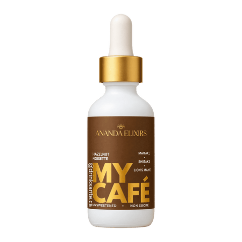 A bottle of MyCafé Hazelnut mushroom elixirs by Ananda Elixirs