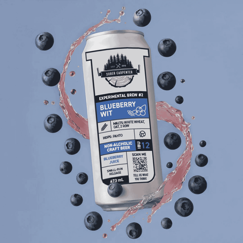 Can of Blueberry Wit non-alcoholic craft beer with blueberries and liquid splash on a blue background