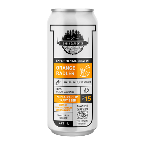A can of Sober Carpenter Orange Radler. The label says it is an experimental brew with orange, grapefruit, and blood orange