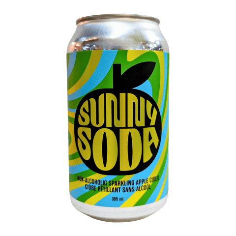 A colourful green can of SunnyCider's Non-Alcoholic SunnySoda.