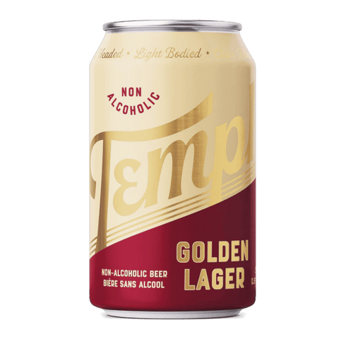A non-alcoholic golden lager can with gold and red design. Templ golden lager is now available at Santé Dry Bottle Shop