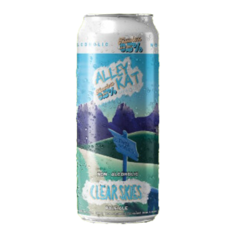 A can of Alley Kat Clear Skies Pale Ale with a blue graphic of mountains in the background.