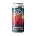 A can of Alley Kat Mangolorian Mango Ale with a colorful design, predominantly featuring pink and purple hues, with text indicating it is a non-alcoholic beer.