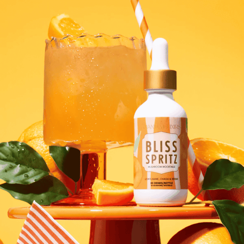 A bottle of Bliss Spritz Mushroom Mocktails by Ananda Elixirs