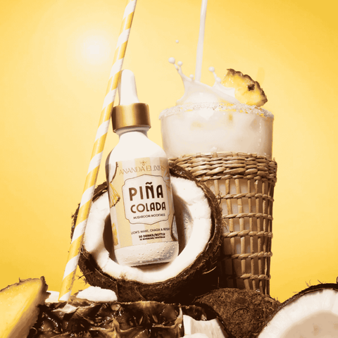 A bottle of Pina Colada Mushroom Mocktails by Ananda Elixirs