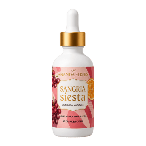 A bottle of Sangria Siesta non-alcoholic mushroom cocktail by Ananda Elixirs