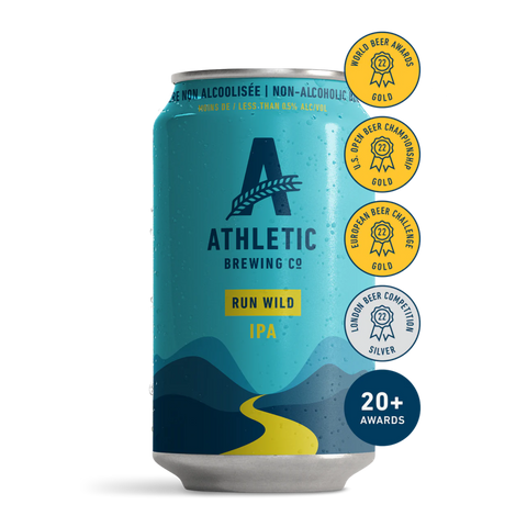 A can of Athletic Brewing Run Wild IPA with award badges, indicating low alcohol content and craft beer.