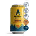 A can of Athletic Brewing Upside Dawn Golden Ale with a yellow label featuring a sun and mountains design. The can indicates it is a non-alcoholic beverage and lists several award badges.
