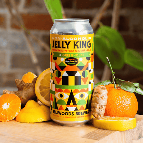 Bellwoods Jelly King Dry Hopped Sour Greenhouse | Non-Alcoholic Sour Beer with Tangerine, Lemon, and Ginger. Available at Santé Dry Bottle Shop in Calgary