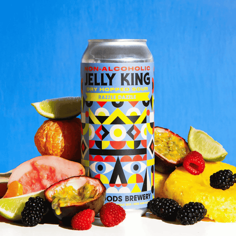 Bellwoods Jelly King Dry Hopped Sour Razzle Dazzle | Non-Alcoholic Sour beer with Tangerine, Blackberry, and Pineapple. Now at Santé Dry Bottle Shop in Calgary