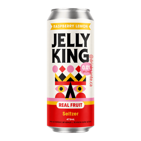 A tall can of Bellwoods Jelly King Non-Alcoholic Raspberry Lemon Seltzer with pink and red designs