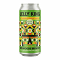 A single can of Jelly King non-alcoholic fruited sour beer by Bellwoods Brewery, featuring a bright green label with colorful geometric eye patterns and yellow text