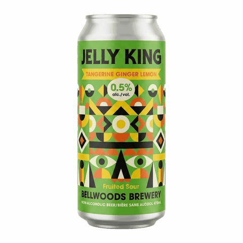 A single can of Jelly King non-alcoholic fruited sour beer by Bellwoods Brewery, featuring a bright green label with colorful geometric eye patterns and yellow text