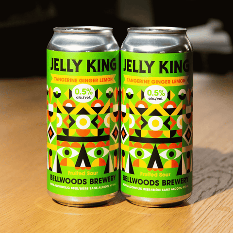 Two cans of non-alcoholic Jelly King Tangerine Ginger Lemon by Bellwoods Brewery.