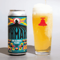 A can of Mythmaker non-alcoholic pilsner poured into a Bellwoods Brewery glass