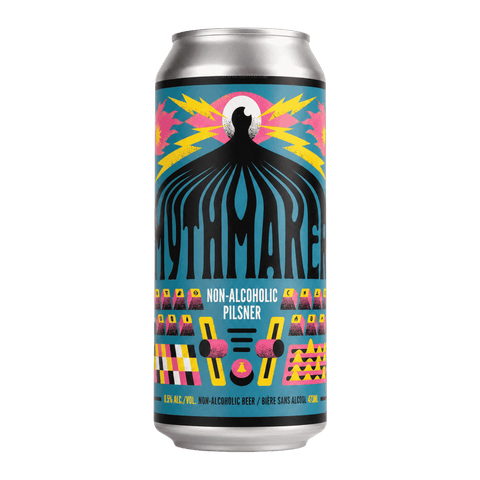 A can of Mythmaker non-alcoholic pilsner by Bellwoods Brewery