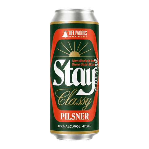 A green can of Stay Classy non-alcoholic Pilsner by Bellwoods Brewery