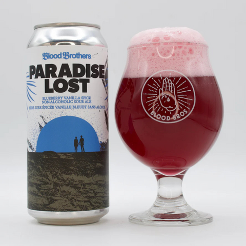 Beer can and glass of 'Paradise Lost' beer by Blood Brothers on a white background