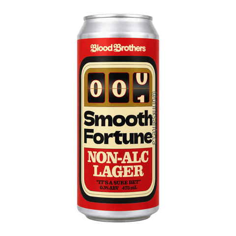 A can of Smooth Fortune Non-Alc Lager by Blood Brothers