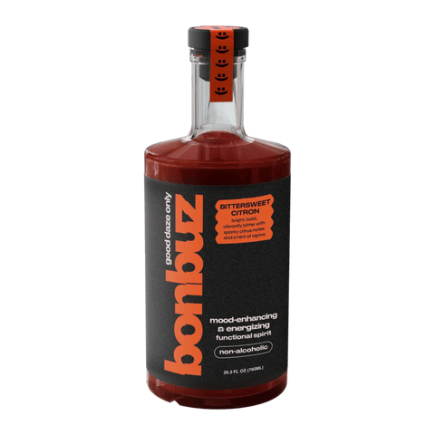 A bottle of Bonbuz Bittersweet Citron non-alcoholic functional spirit