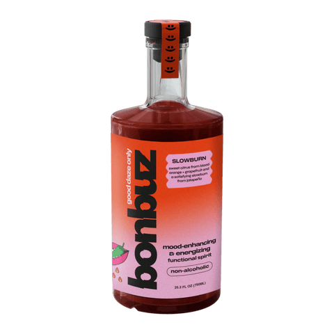 A bottle of Bonbuz Slowburn non-alcoholic functional spirit