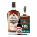 A bottle of Free Spirits non-alcoholic Bourbon, Dromme Calm, and alcohol free bitters, used to create a non-alcoholic Old Fashioned