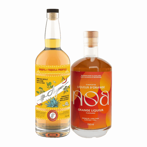 A bottle of HP Agave non-alcoholic Tequila and NOA non-alcohoic Orange Liqueur