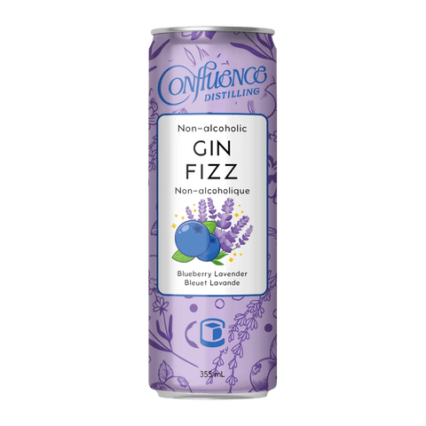 A can of Confluence Distilling Lavender Blueberry Non-Alcoholic Gin Fizz with purple designs