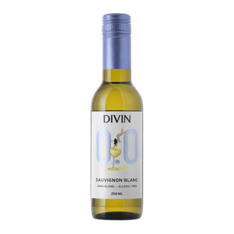A bottle of DIVIN non-alcoholic Sauvignon Blanc wine