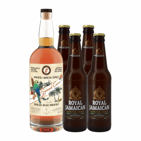 A bottle of HP Spiced Cane Rum, and four bottles of Royal Jamaican non-alcoholic Ginger Beer
